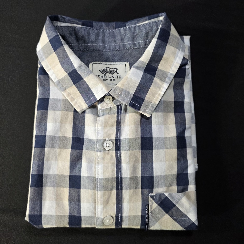 Ecko‎ Unltd Mens Medium Short Sleeve Button Down Shirt, Blue Check Pattern